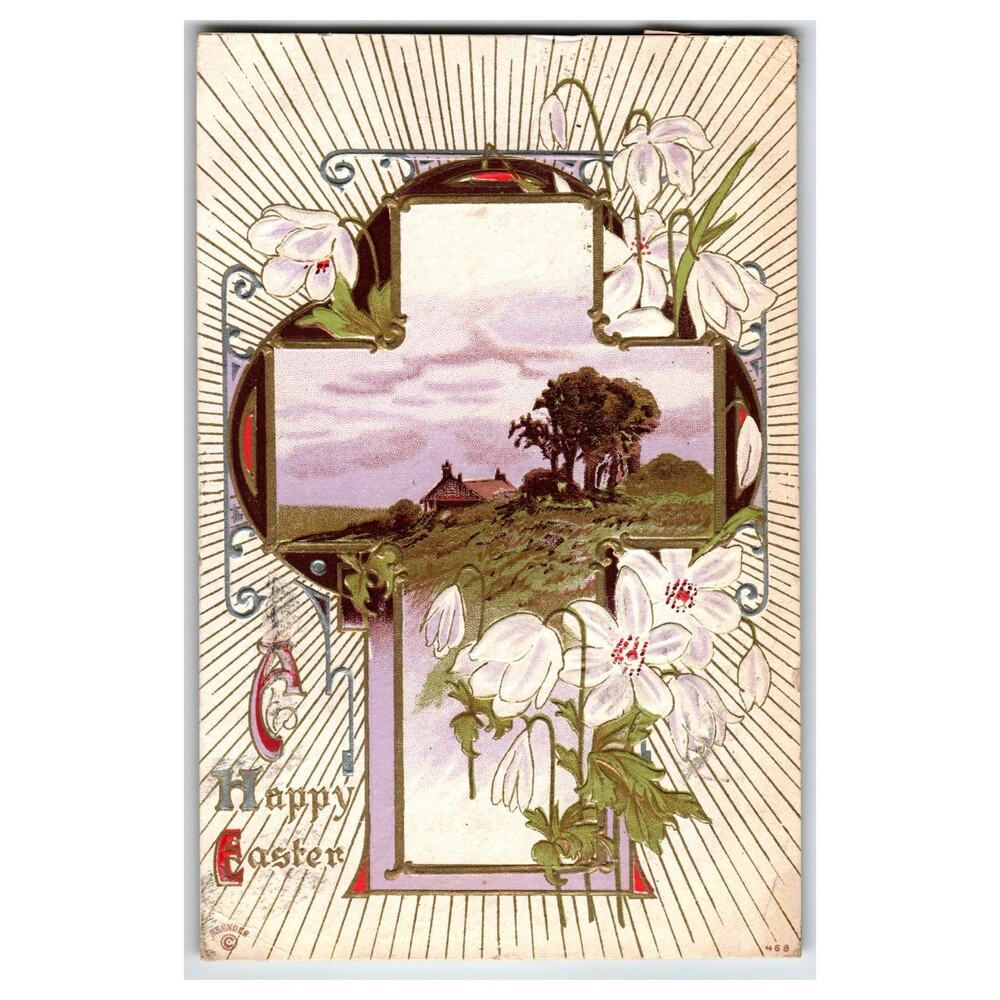 Happy Easter Cross Postcard 1911 Embossed Landscape Snowdrop Flowers ERNDEN
